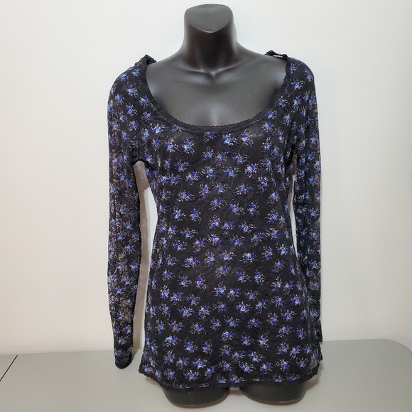 Free People sheer black long sleeve lace Top